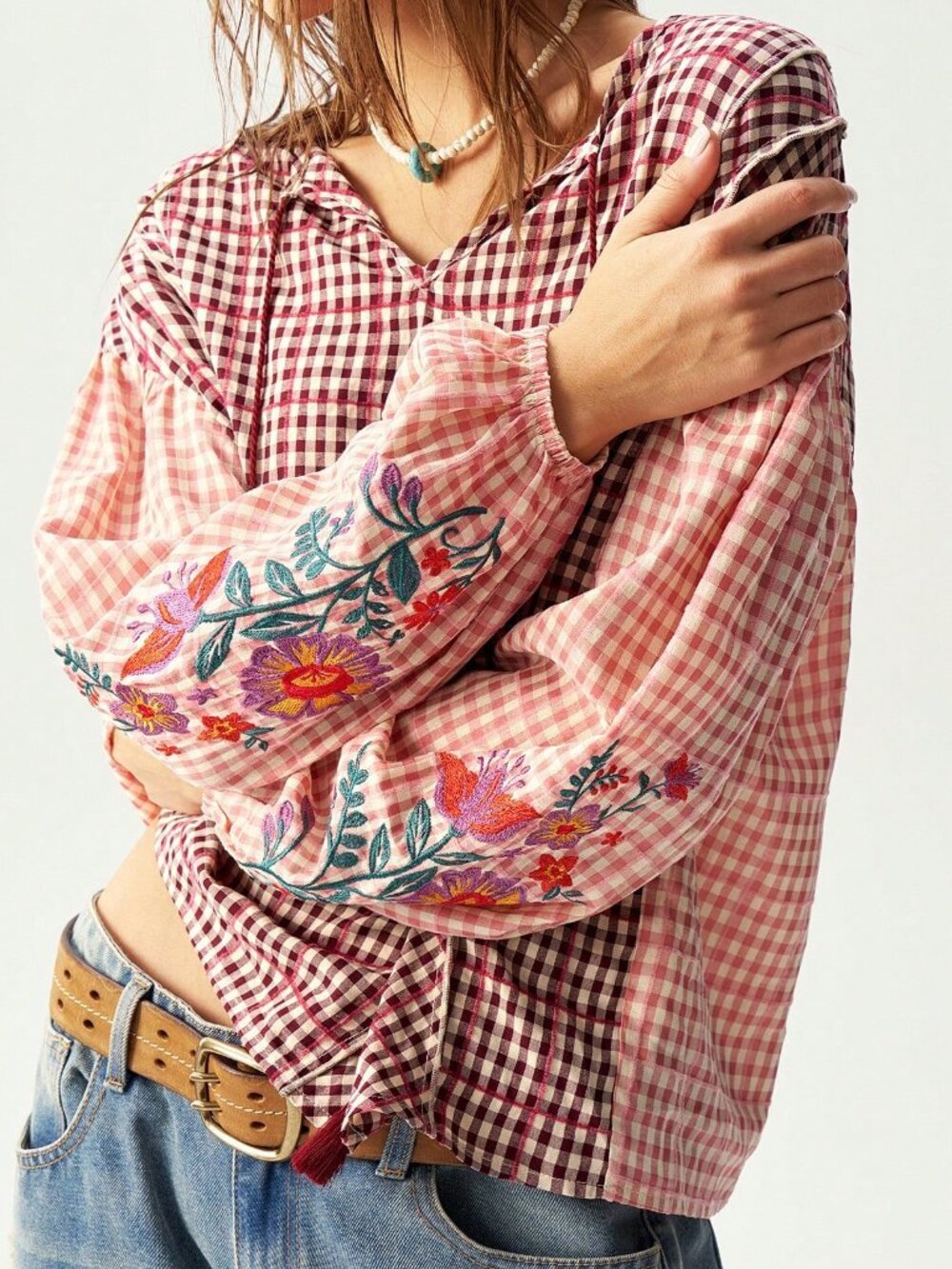 Pink Boho Women's Loose Fit Sheer Plaid Bishop Sleeve V-Neck Long Sleeve Blouse